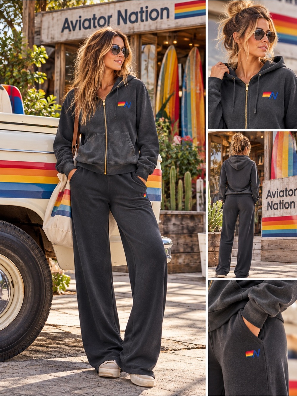 Aviator Nation Faded Smoke Zip Hoodie & Wide-Leg Pants Set